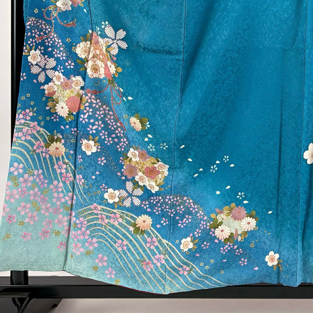 振袖禮服 身長158.5cm 袖長66cm M 雙層櫻花波金銀彩金金箔青綠純蠶絲秀品級