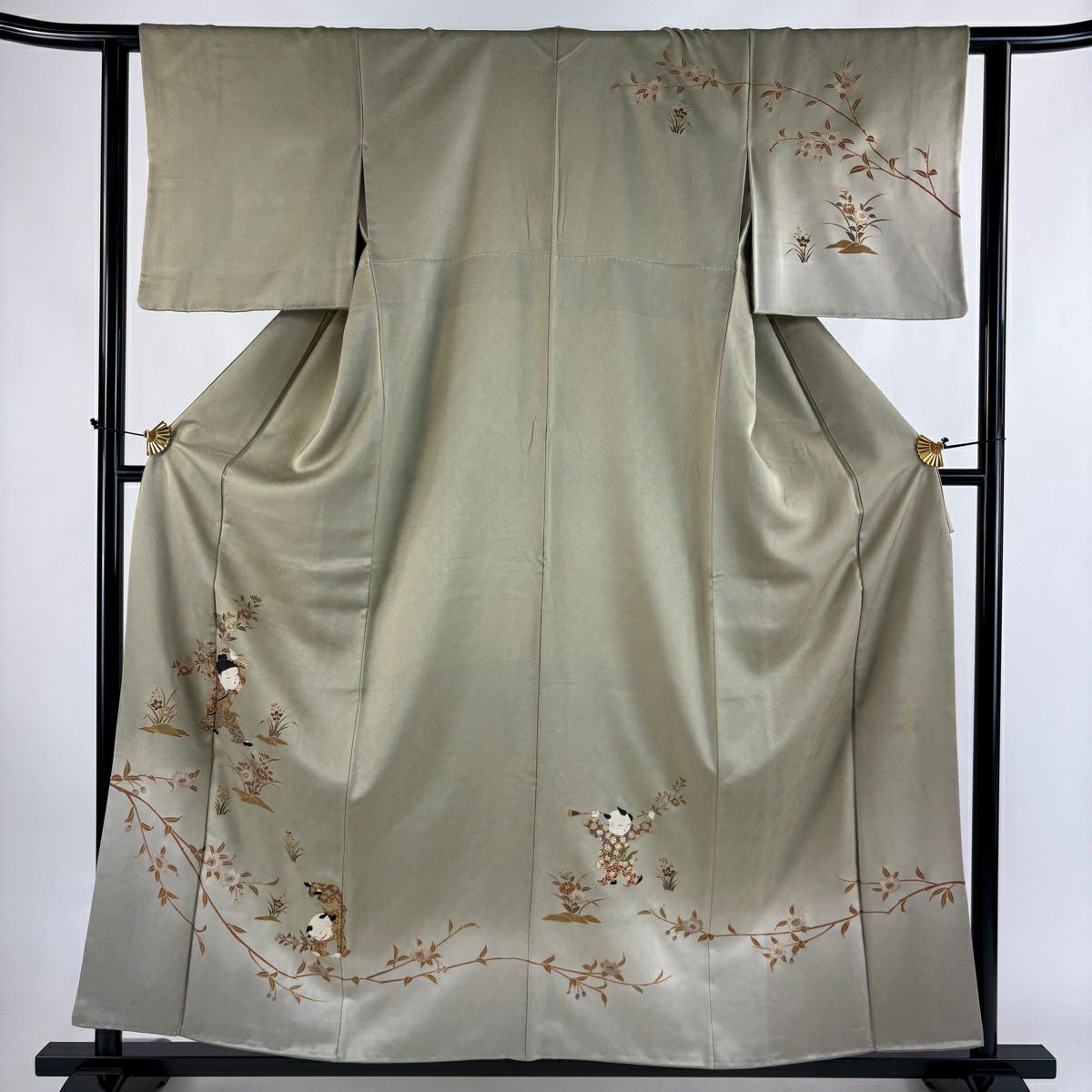 訪問服 身長158.5cm 袖長62cm S 雙層 落款有 童 枝花 金彩裝飾 漸層 灰綠 純蠶絲 優品級
