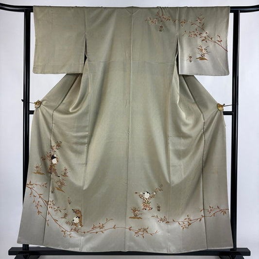 訪問服 身長158.5cm 袖長62cm S 雙層 落款有 童 枝花 金彩裝飾 漸層 灰綠 純蠶絲 優品級