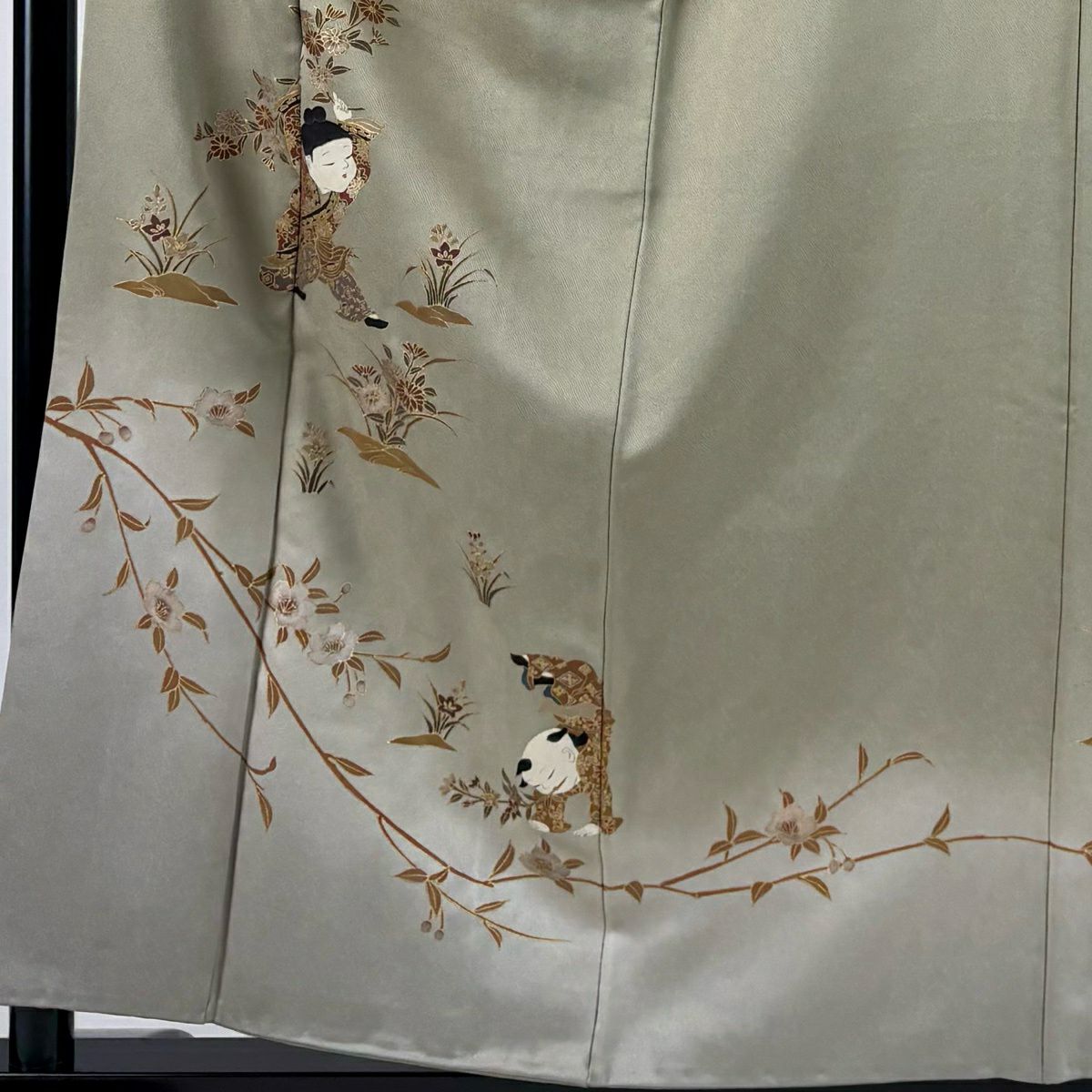 訪問服 身長158.5cm 袖長62cm S 雙層 落款有 童 枝花 金彩裝飾 漸層 灰綠 純蠶絲 優品級