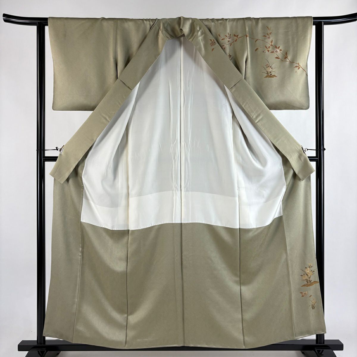 訪問服 身長158.5cm 袖長62cm S 雙層 落款有 童 枝花 金彩裝飾 漸層 灰綠 純蠶絲 優品級