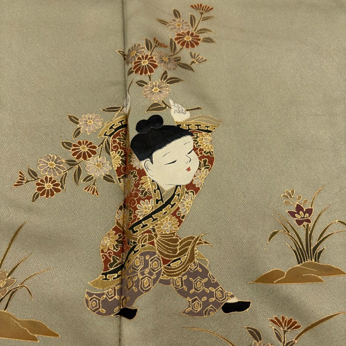 訪問服 身長158.5cm 袖長62cm S 雙層 落款有 童 枝花 金彩裝飾 漸層 灰綠 純蠶絲 優品級