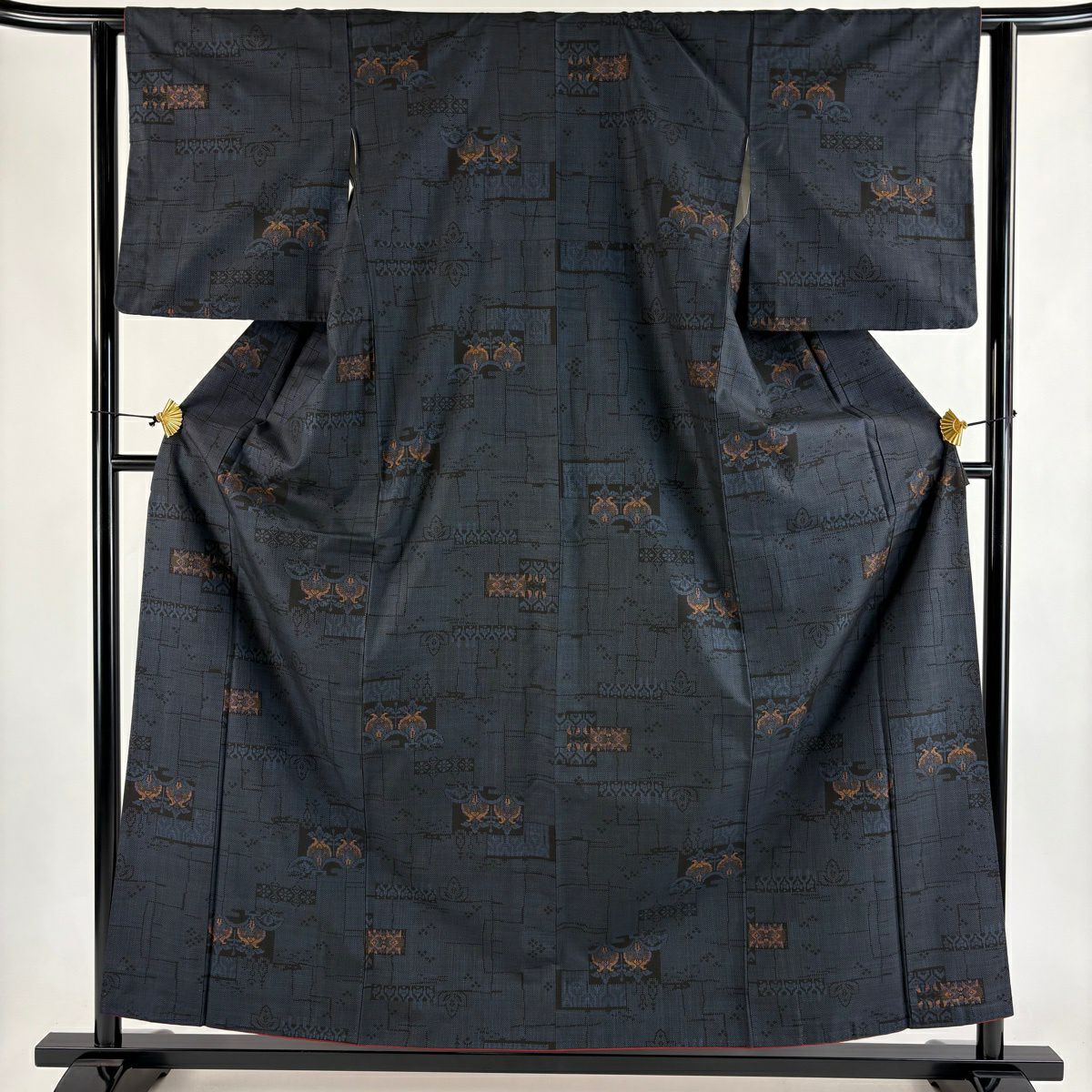 【美品】 大島織 身長159cm 袖長63cm S 雙層 純泥染 證書附帶 草花紋紋 深藍 純蠶絲 優品級