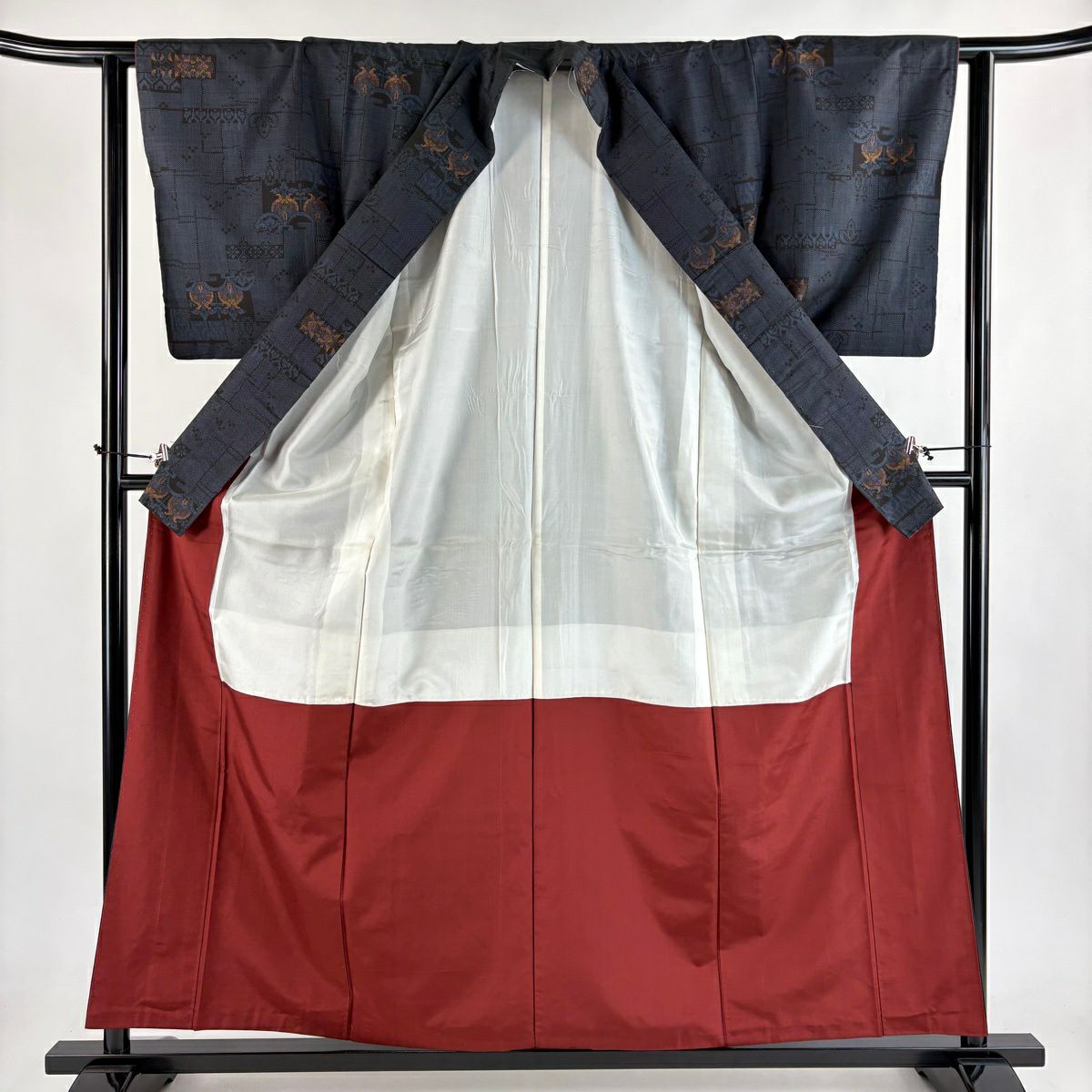 【美品】 大島織 身長159cm 袖長63cm S 雙層 純泥染 證書附帶 草花紋紋 深藍 純蠶絲 優品級