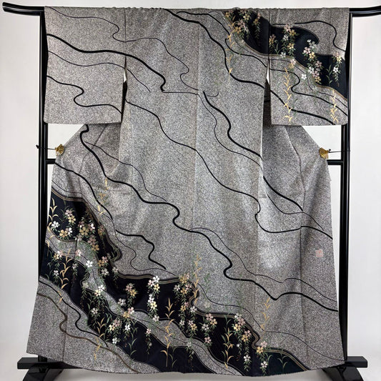 訪問服 身長161.5cm 袖長67.5cm L 雙層 大和 落款あり 枝垂櫻 流水 金銀彩 灰白 純蠶絲 秀品級