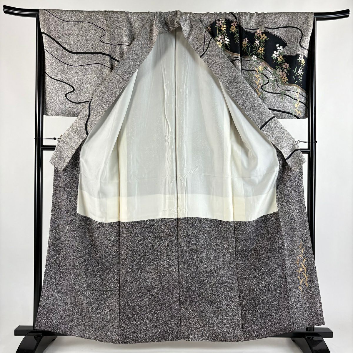 訪問服 身長161.5cm 袖長67.5cm L 雙層 大和 落款あり 枝垂櫻 流水 金銀彩 灰白 純蠶絲 秀品級