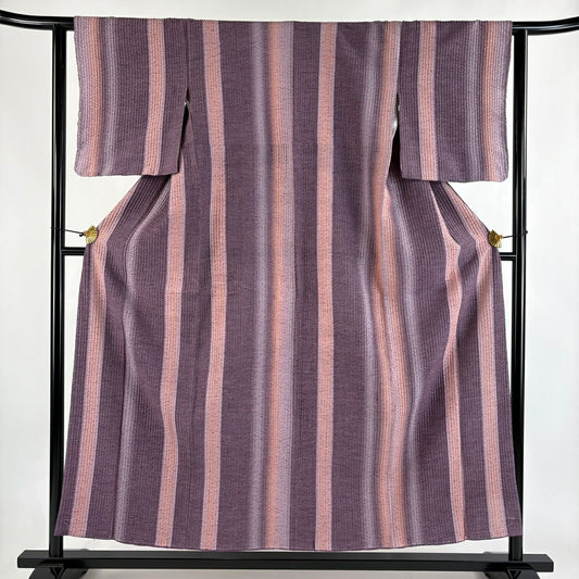 【美品】 小紋 身長153.5cm 袖長62.5cm S 雙層 縱條 幾何圖案 灰紫 純蠶絲 秀品級