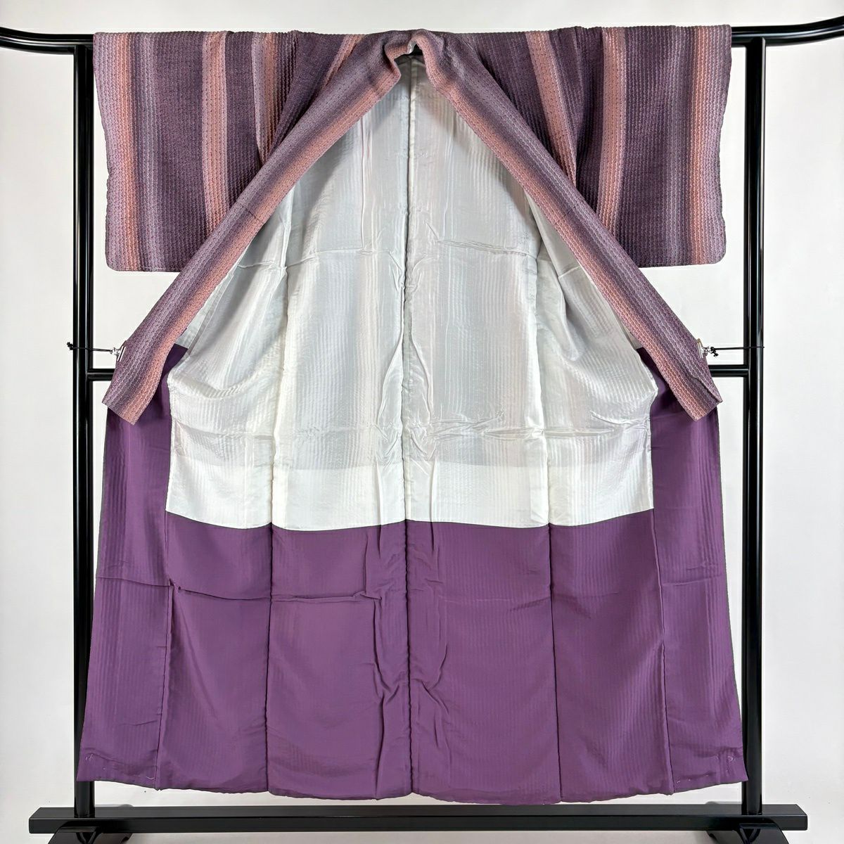 【美品】 小紋 身長153.5cm 袖長62.5cm S 雙層 縱條 幾何圖案 灰紫 純蠶絲 秀品級