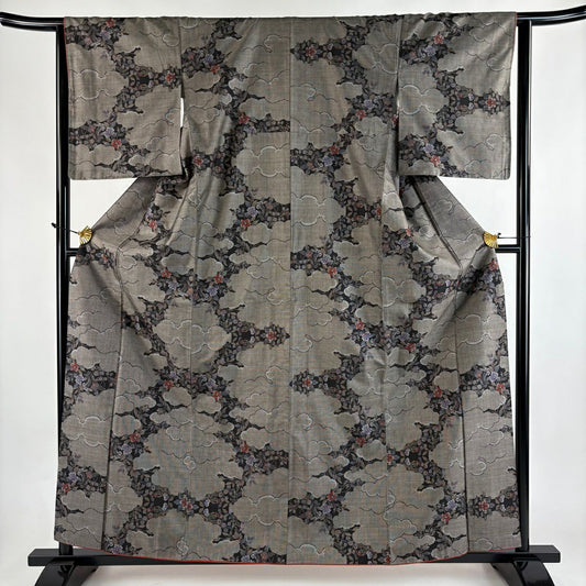 【美品】 紬織 身長160.5cm 袖長63.5cm S 雙層 雲文 草花紋紋 焦茶 純蠶絲 秀品級