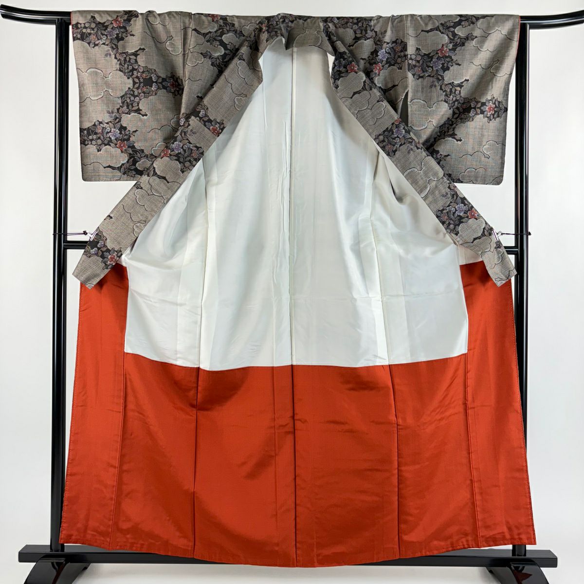 【美品】 紬織 身長160.5cm 袖長63.5cm S 雙層 雲文 草花紋紋 焦茶 純蠶絲 秀品級