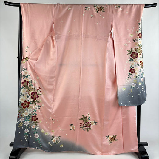 振袖禮服 身長166.5cm 袖長69cm L 雙層櫻花花瓣金線金銀彩淺粉色純蠶絲秀品級
