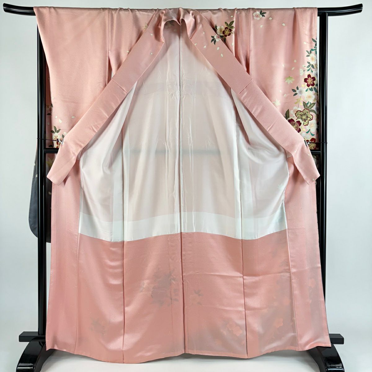 振袖禮服 身長166.5cm 袖長69cm L 雙層櫻花花瓣金線金銀彩淺粉色純蠶絲秀品級