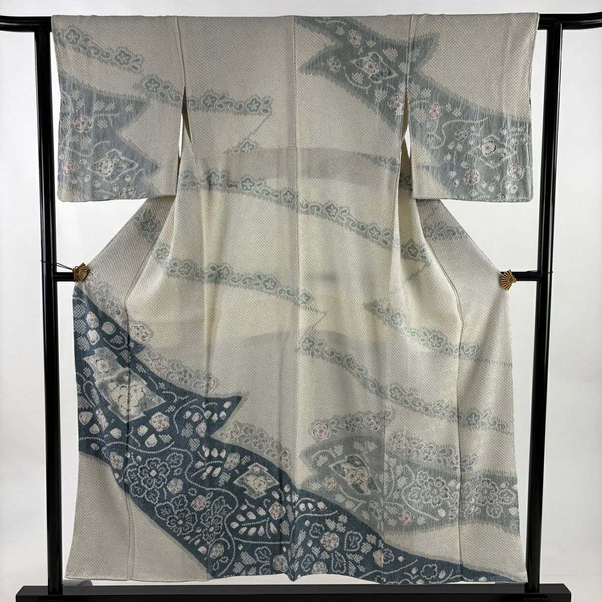 訪問服 身長152cm 袖長61cm S 雙層 草花紋紋 霞 絞染 青灰 純蠶絲 秀品級