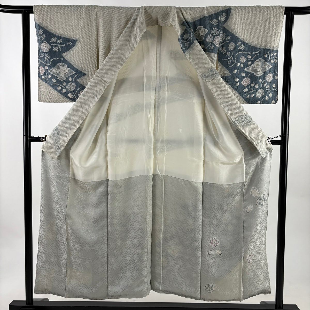 訪問服 身長152cm 袖長61cm S 雙層 草花紋紋 霞 絞染 青灰 純蠶絲 秀品級