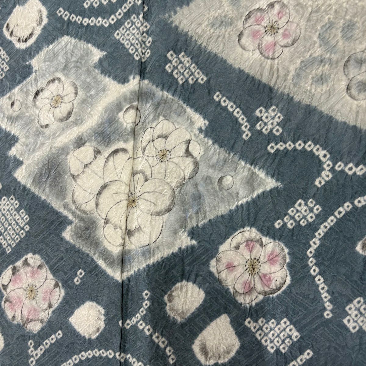 訪問服 身長152cm 袖長61cm S 雙層 草花紋紋 霞 絞染 青灰 純蠶絲 秀品級