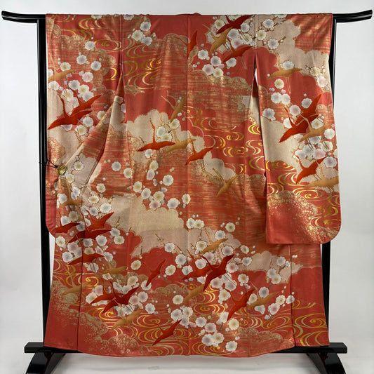 振袖禮服 身長160.5cm 袖長64cm M 雙層 仙鶴 枝梅花 金絲 金銀彩 鮭粉色 純蠶絲 秀品級