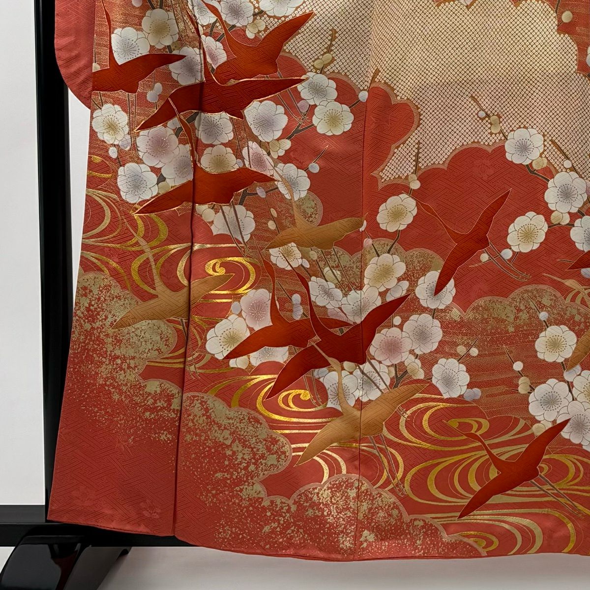 振袖禮服 身長160.5cm 袖長64cm M 雙層 仙鶴 枝梅花 金絲 金銀彩 鮭粉色 純蠶絲 秀品級