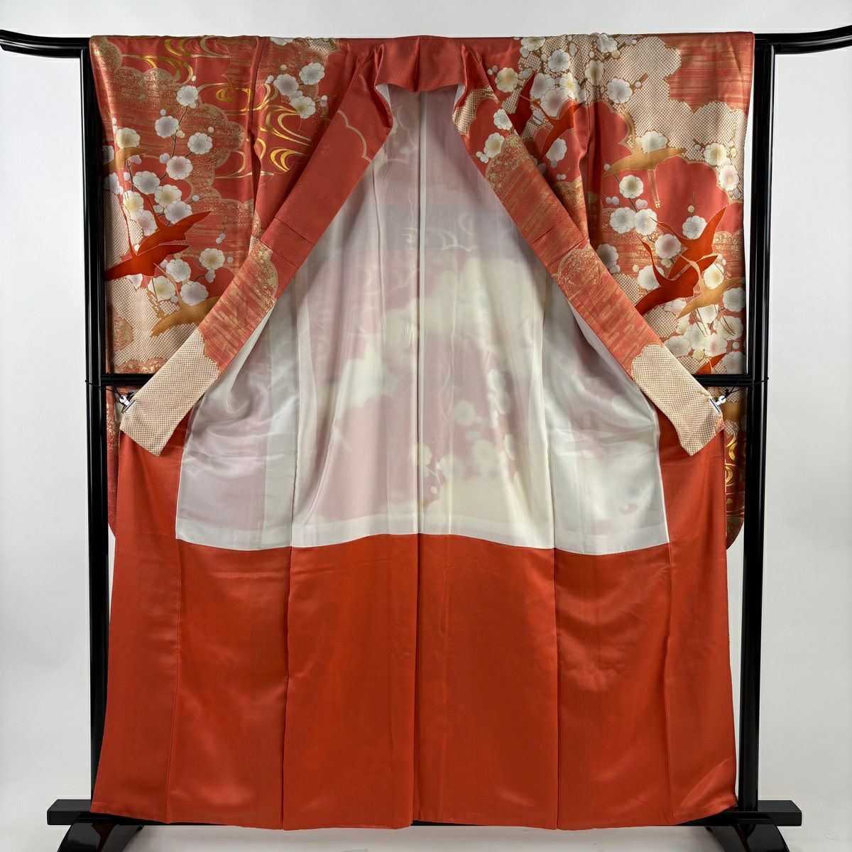 振袖禮服 身長160.5cm 袖長64cm M 雙層 仙鶴 枝梅花 金絲 金銀彩 鮭粉色 純蠶絲 秀品級