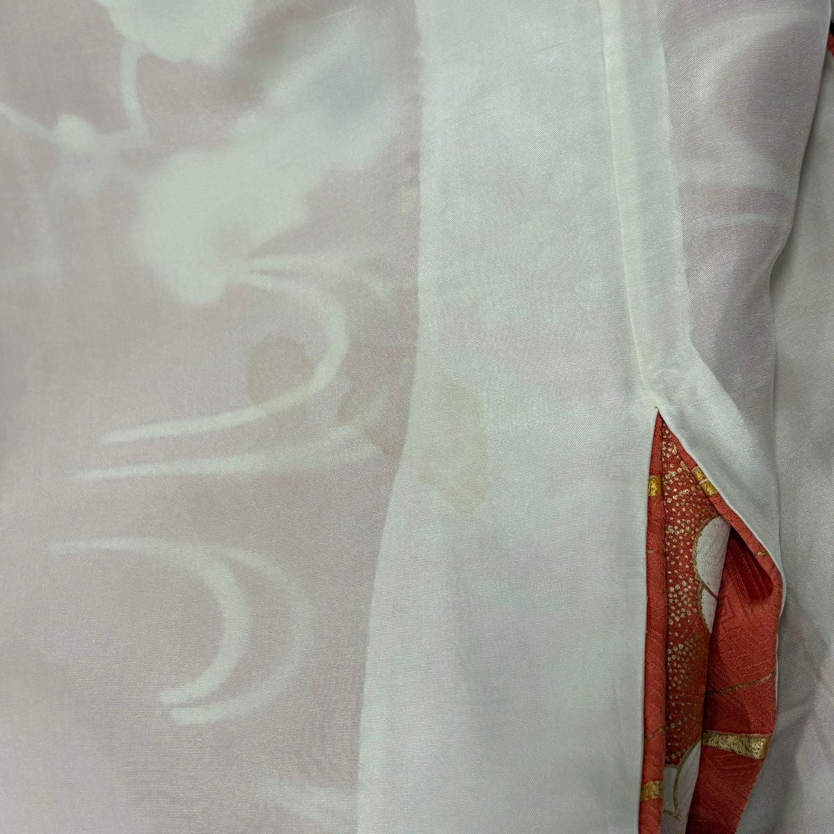 振袖禮服 身長160.5cm 袖長64cm M 雙層 仙鶴 枝梅花 金絲 金銀彩 鮭粉色 純蠶絲 秀品級