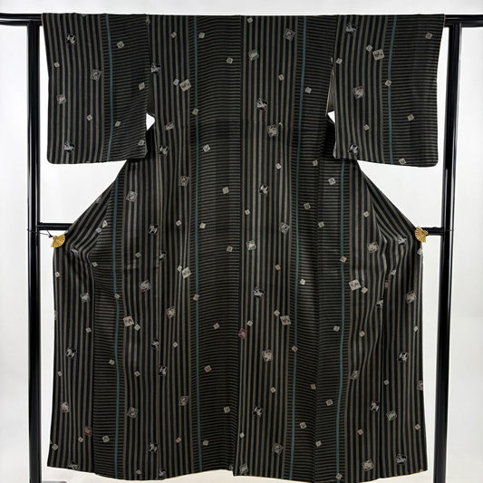 【美品】 小紋 身長152cm 袖長61cm S 雙層 干支 縞 黑灰 純蠶絲 秀品級