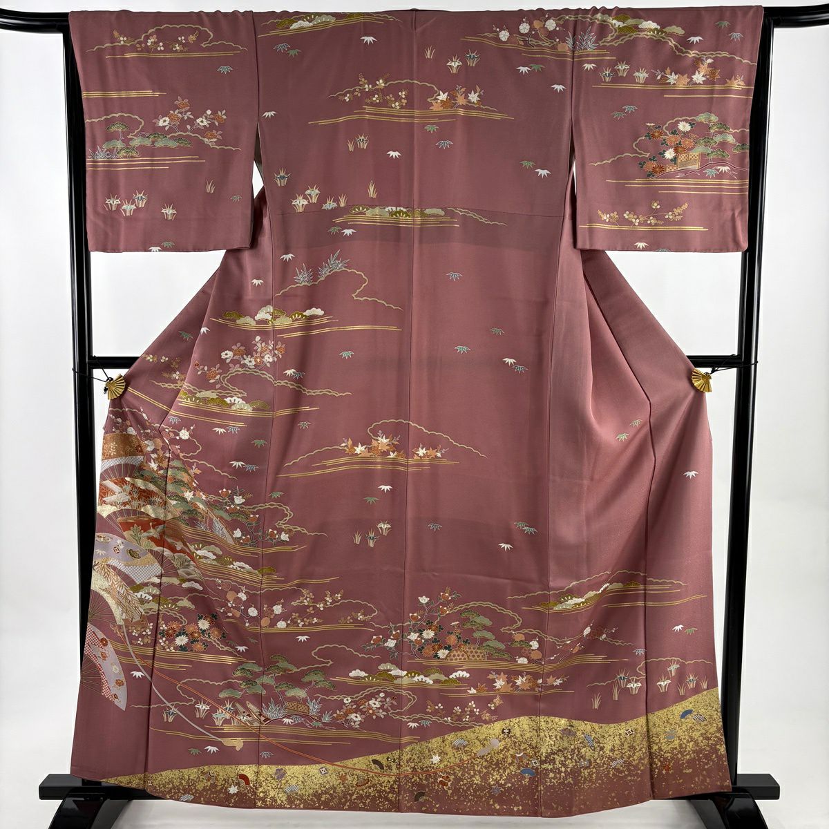 訪問服 身長163cm 袖長65cm M 雙層 扇子 松樹竹子梅花 金絲 金銀彩 小豆 深藍 純蠶絲 秀品級