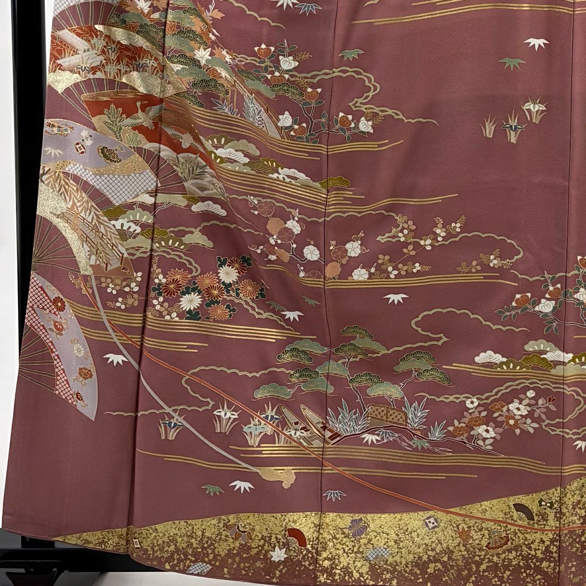 訪問服 身長163cm 袖長65cm M 雙層 扇子 松樹竹子梅花 金絲 金銀彩 小豆 深藍 純蠶絲 秀品級