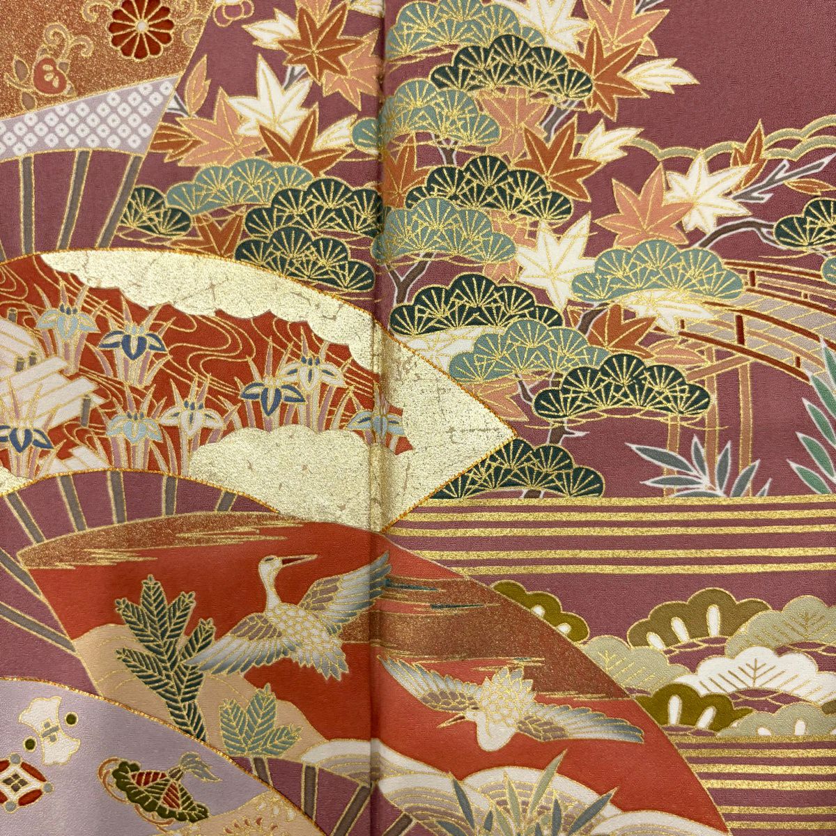 訪問服 身長163cm 袖長65cm M 雙層 扇子 松樹竹子梅花 金絲 金銀彩 小豆 深藍 純蠶絲 秀品級