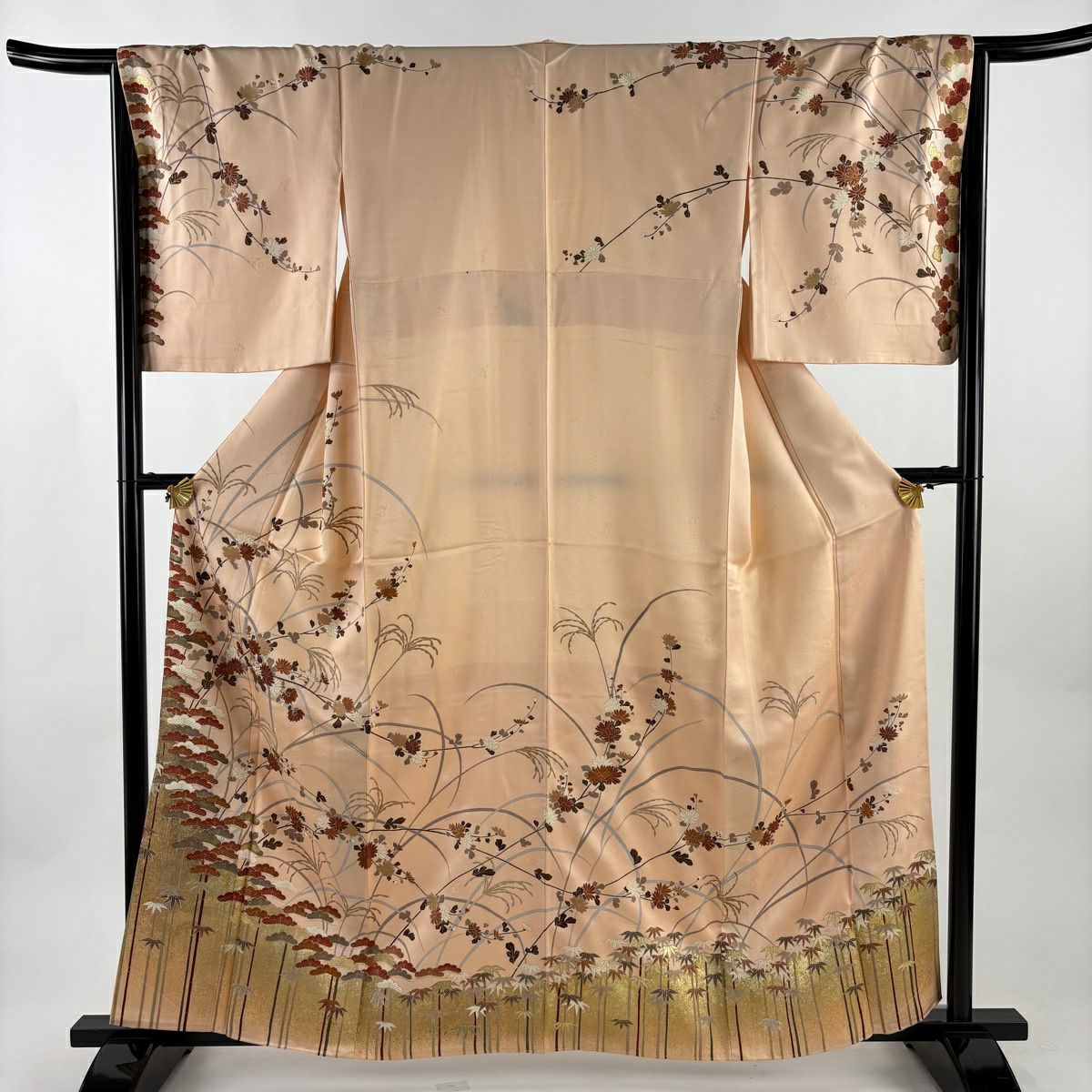 訪問服 身長161.5cm 袖長66cm M 雙層 松樹 菊花 金彩裝飾 染分 薄橙 純蠶絲 秀品級
