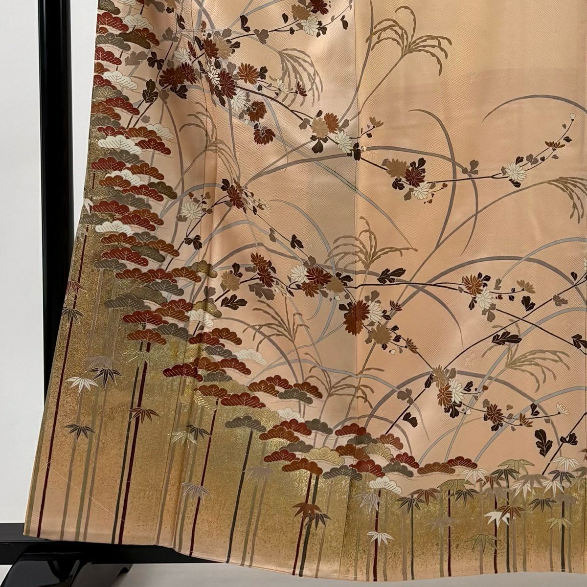 訪問服 身長161.5cm 袖長66cm M 雙層 松樹 菊花 金彩裝飾 染分 薄橙 純蠶絲 秀品級