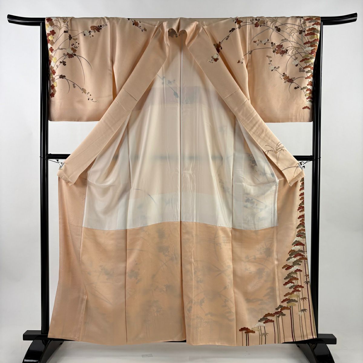 訪問服 身長161.5cm 袖長66cm M 雙層 松樹 菊花 金彩裝飾 染分 薄橙 純蠶絲 秀品級