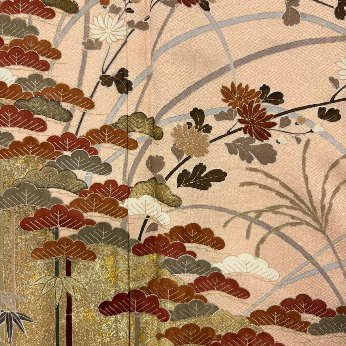 訪問服 身長161.5cm 袖長66cm M 雙層 松樹 菊花 金彩裝飾 染分 薄橙 純蠶絲 秀品級