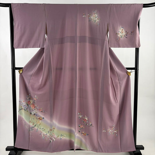 訪問服 身長160cm 袖長67.5cm L 雙層 枝花 鴛鴦 漸層 薄紫 純蠶絲 秀品級