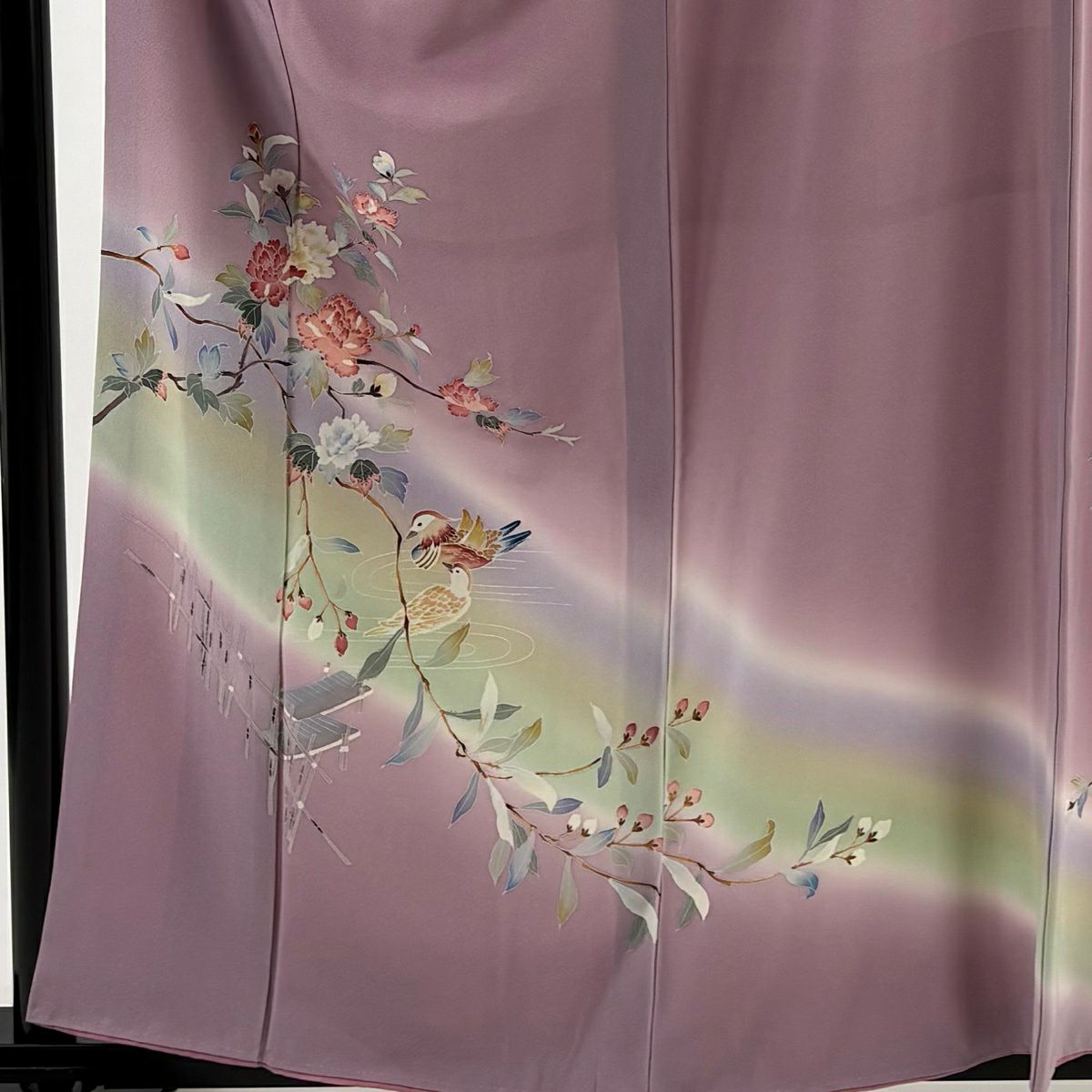 訪問服 身長160cm 袖長67.5cm L 雙層 枝花 鴛鴦 漸層 薄紫 純蠶絲 秀品級