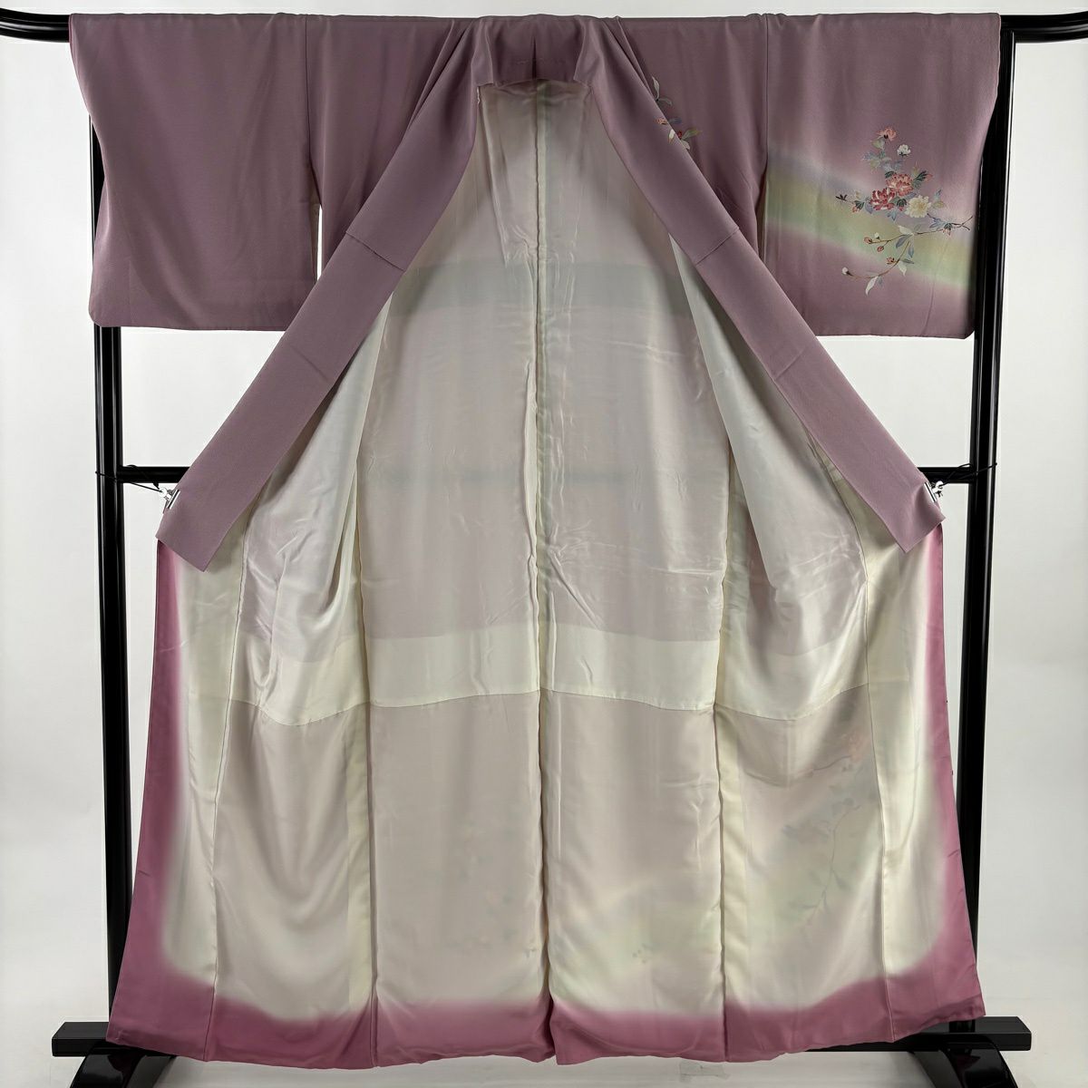 訪問服 身長160cm 袖長67.5cm L 雙層 枝花 鴛鴦 漸層 薄紫 純蠶絲 秀品級
