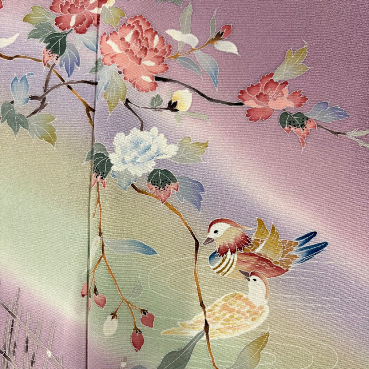 訪問服 身長160cm 袖長67.5cm L 雙層 枝花 鴛鴦 漸層 薄紫 純蠶絲 秀品級