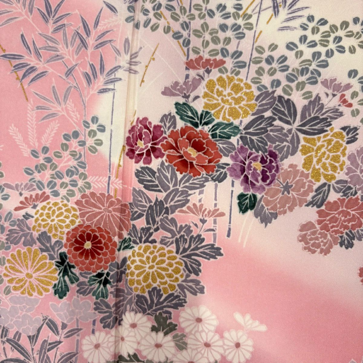 訪問服 身長165.5cm 袖長67cm M 雙層 菊花 萩 金彩裝飾 染分 粉紅 純蠶絲 秀品級