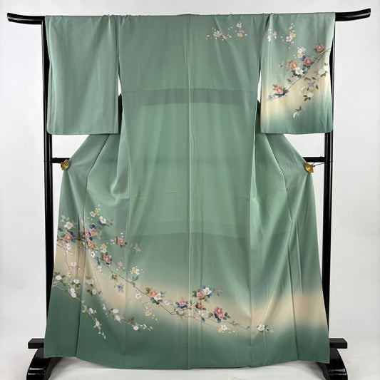 訪問服 身長168.5cm 袖長67cm M 雙層 椿 染分 ぼかし 淺綠 純蠶絲 優品級