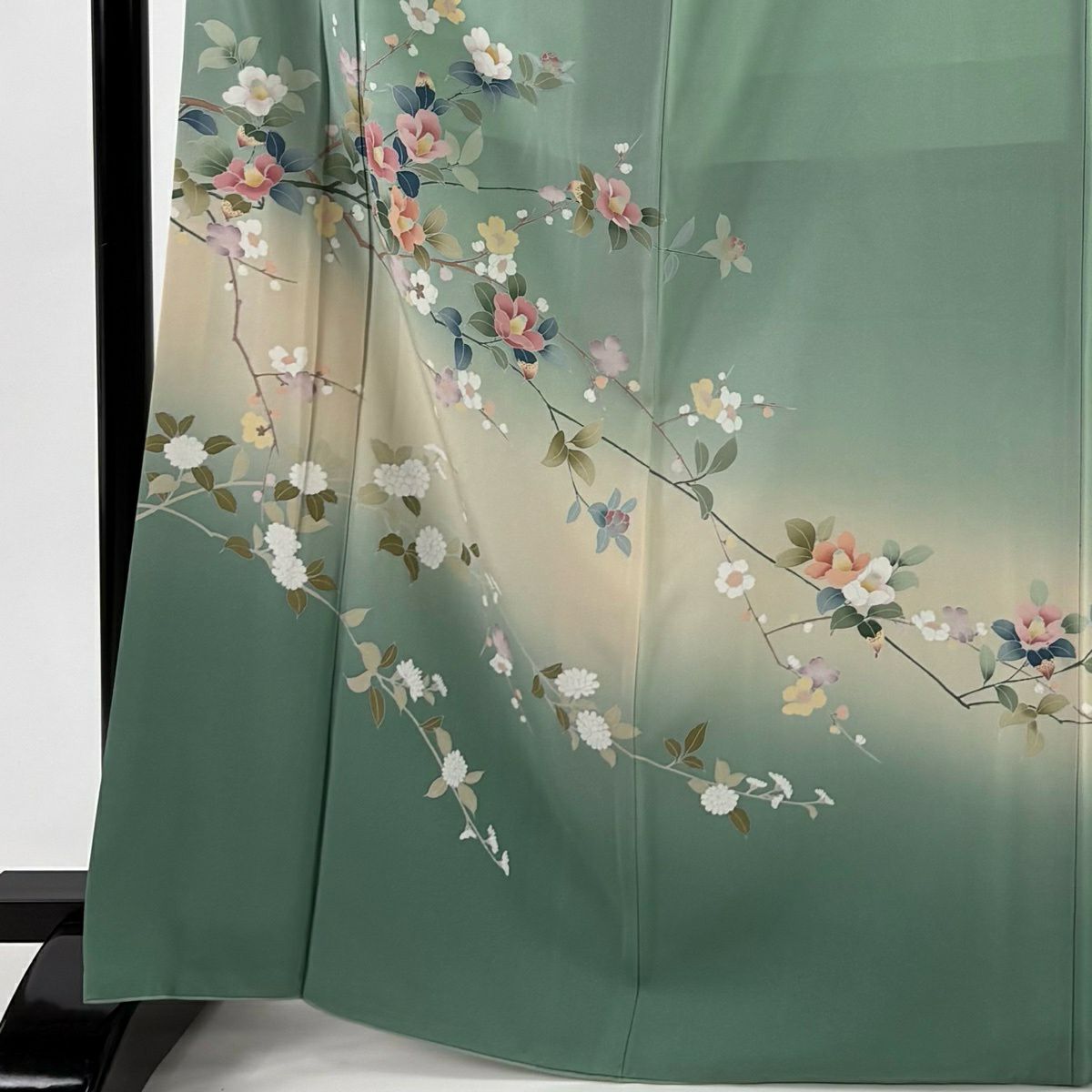 訪問服 身長168.5cm 袖長67cm M 雙層 椿 染分 ぼかし 淺綠 純蠶絲 優品級