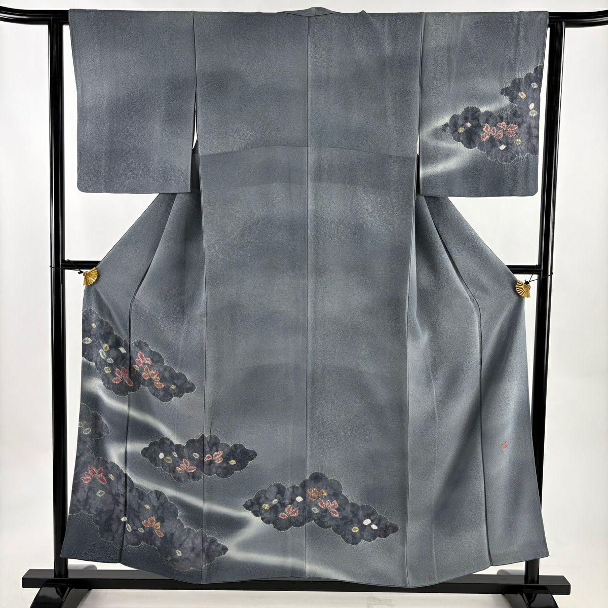 【美品】訪問服 身長156cm 袖長62cm S 雙層 落款あり 草花紋紋 雲文 漸層 灰色 純蠶絲 秀品級