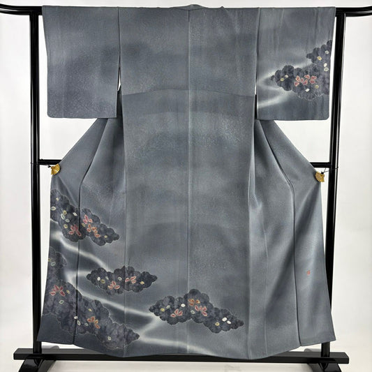 【美品】訪問服 身長156cm 袖長62cm S 雙層 落款あり 草花紋紋 雲文 漸層 灰色 純蠶絲 秀品級