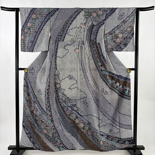 訪問服 身長160cm 袖長62.5cm S 雙層 辻花染 七寶紋 金彩裝飾 紫 純蠶絲 秀品級