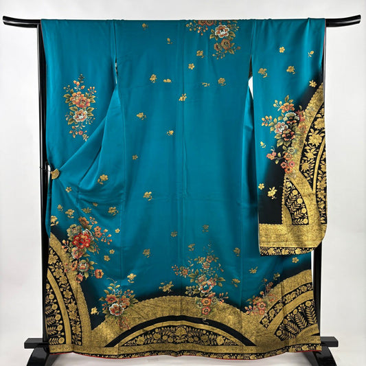 振袖禮服 身長162.5cm 袖長66cm M 雙層 草花紋紋 櫻花 刺繡 金線 青綠 純蠶絲 秀品級
