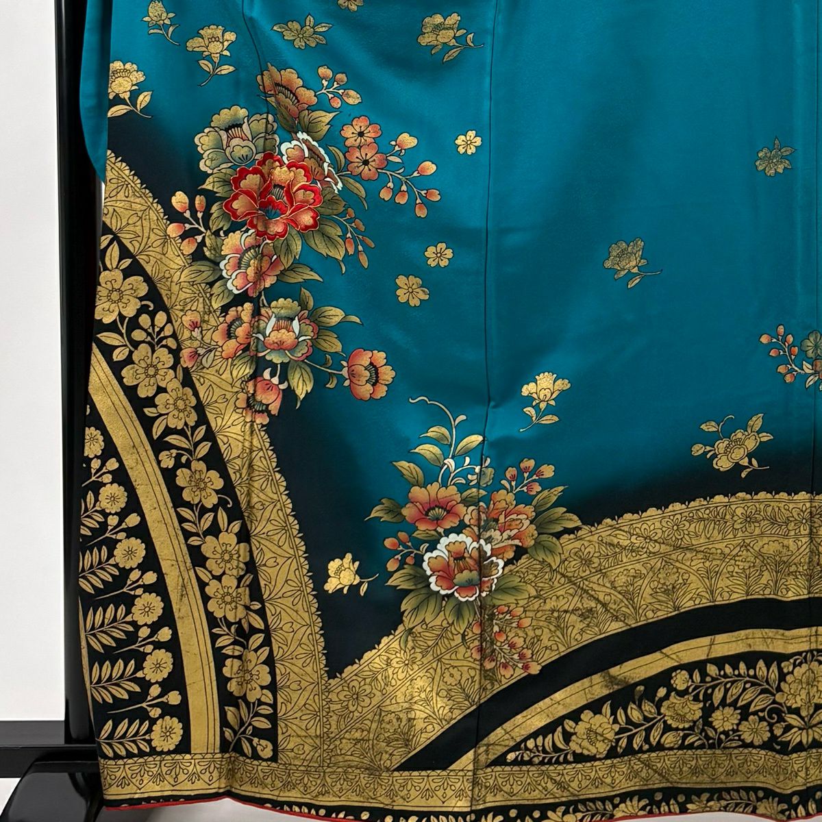 振袖禮服 身長162.5cm 袖長66cm M 雙層 草花紋紋 櫻花 刺繡 金線 青綠 純蠶絲 秀品級