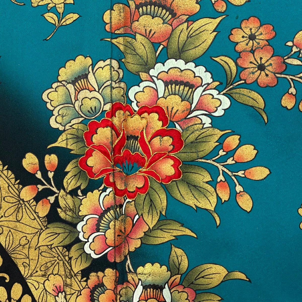 振袖禮服 身長162.5cm 袖長66cm M 雙層 草花紋紋 櫻花 刺繡 金線 青綠 純蠶絲 秀品級