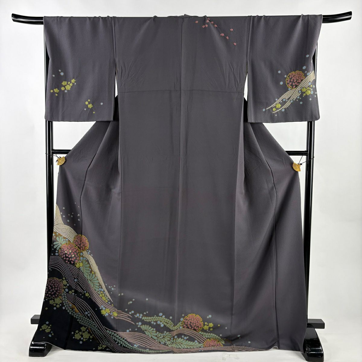 訪問服 身長175cm 袖長69.5cm L 雙層 雪輪 櫻花瓣 相良刺繡 絞染 灰紫 純蠶絲 秀品級