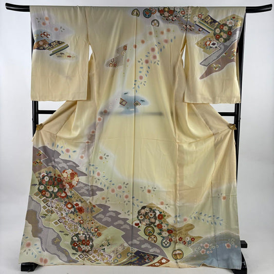 訪問服 身長175cm 袖長67cm 未仕立 雜花圖案 松樹竹子梅花 草花紋刺繡 金線 米色 純蠶絲 優品級