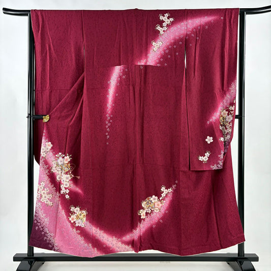 振袖禮服 身長154.5cm 袖長64cm M 雙層 櫻花 手毬 金彩裝飾 漸層 紅紫 純蠶絲 優品級