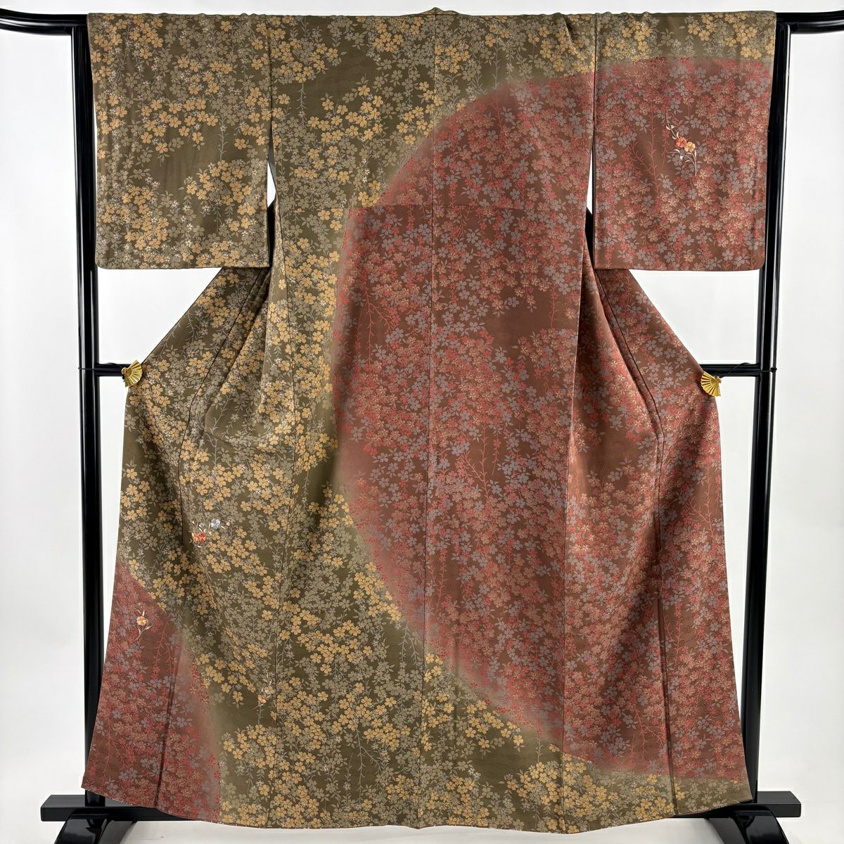 訪問服 身長161cm 袖長65.5cm M 雙層 櫻花 刺繡 金線 茶綠 純蠶絲 秀品級