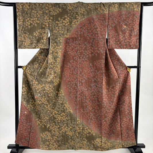訪問服 身長161cm 袖長65.5cm M 雙層 櫻花 刺繡 金線 茶綠 純蠶絲 秀品級