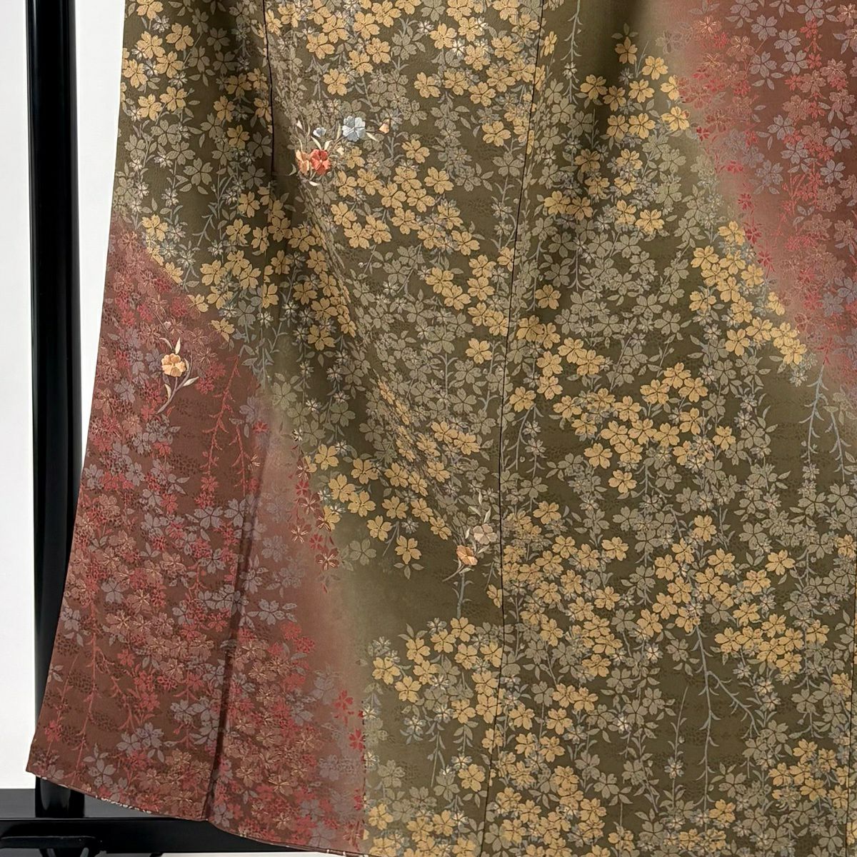 訪問服 身長161cm 袖長65.5cm M 雙層 櫻花 刺繡 金線 茶綠 純蠶絲 秀品級